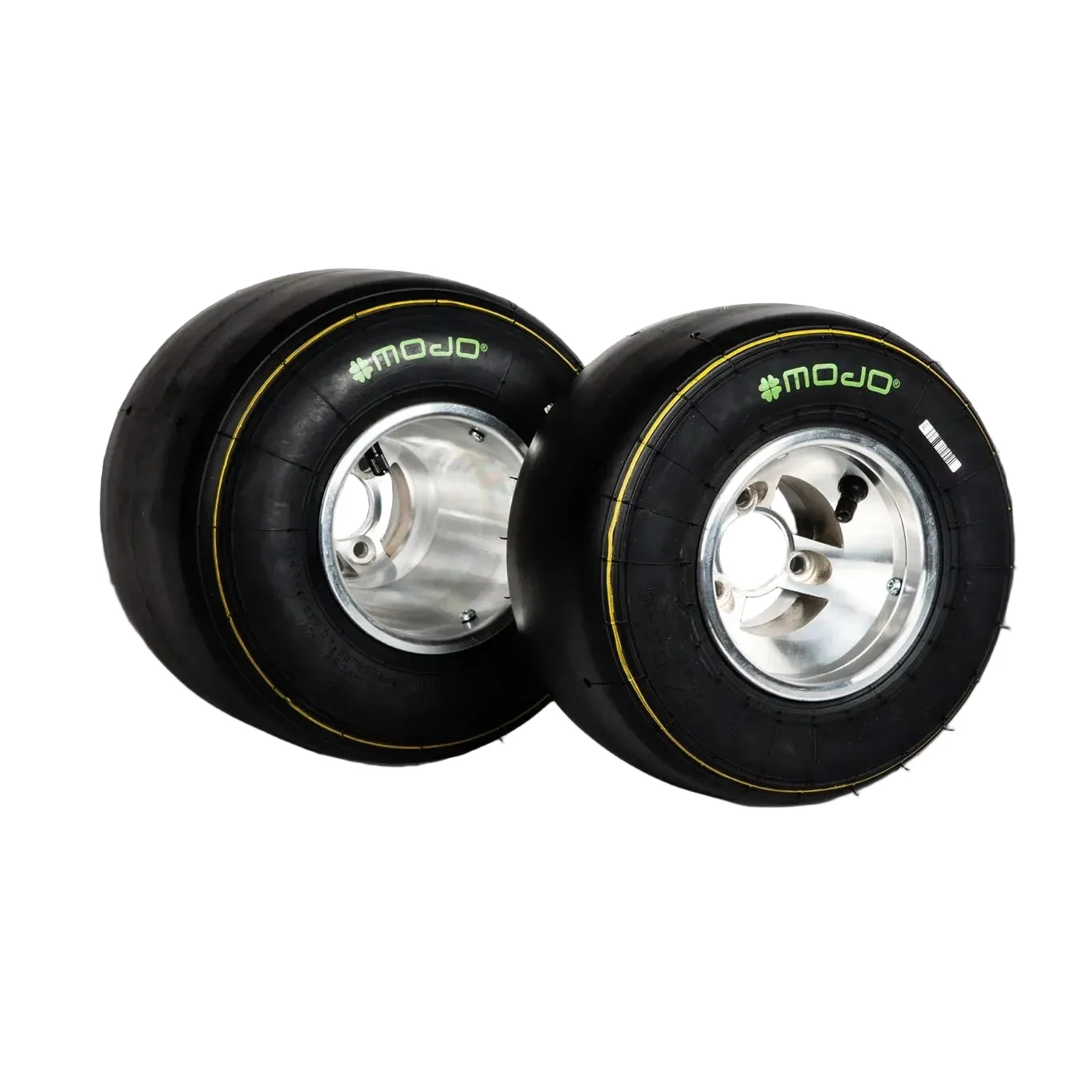 Two black racing slick tyres with visible branding on the sidewall, mounted on silver rims purposes only wheels.
